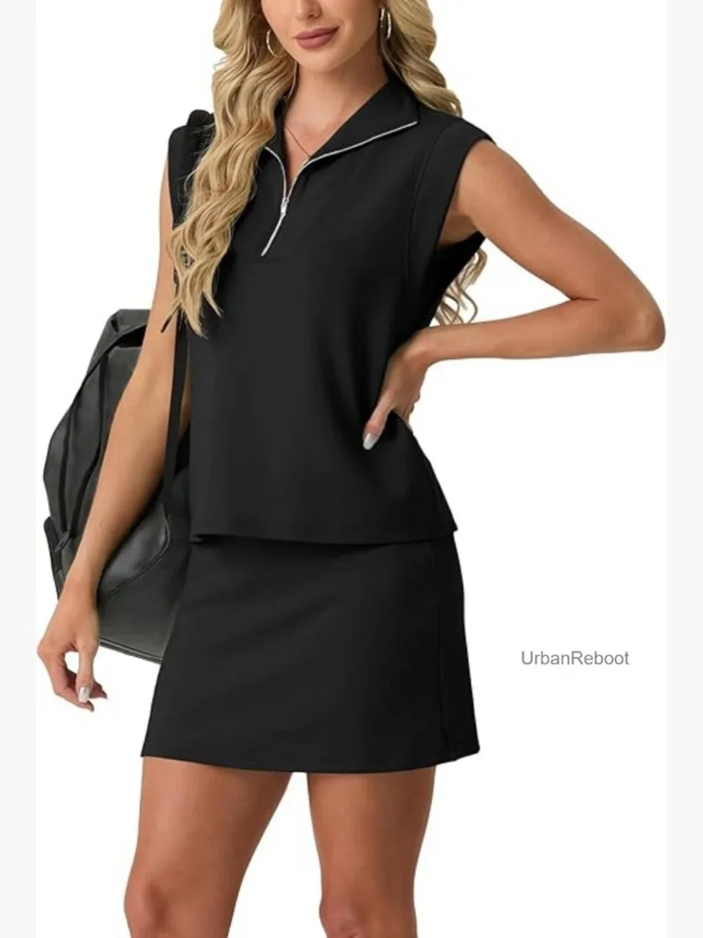 2 Piece Skort Set Cap Sleeve Zip Collared Top Tennis Skirt with Pockets